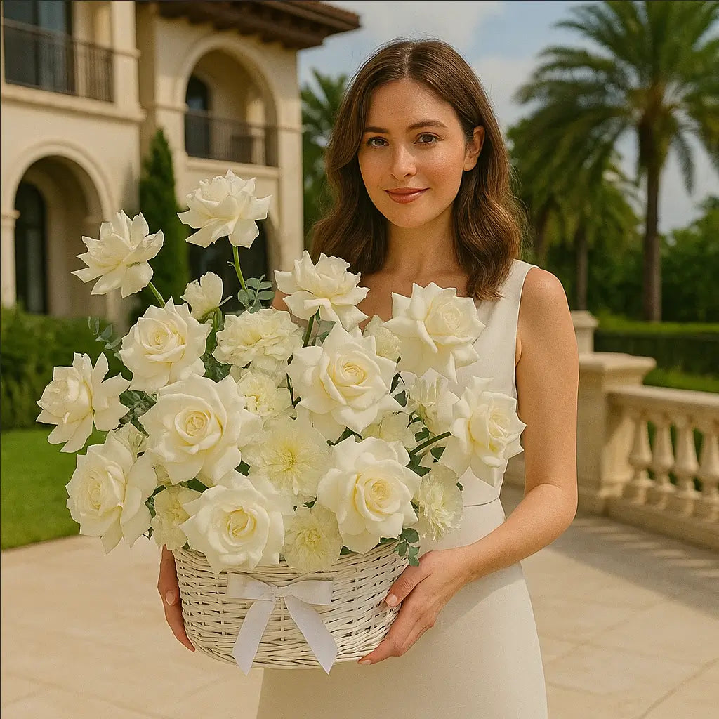 Oversized white floral basket held by woman on villa terrace — romantic flower delivery in Miami