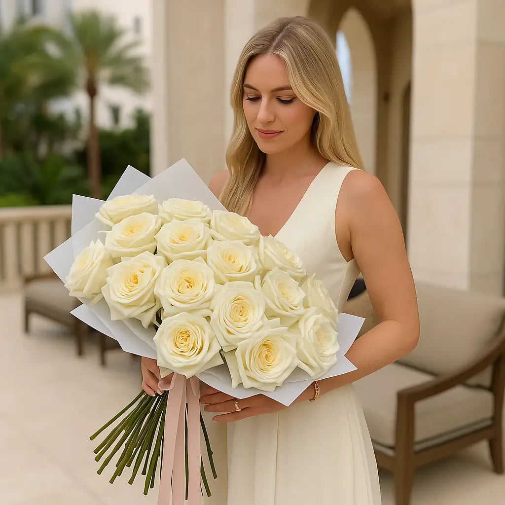 Long hand-tied bouquet of white Ohara roses with ribbon held by woman at luxury arched terrace — flower delivery Miami