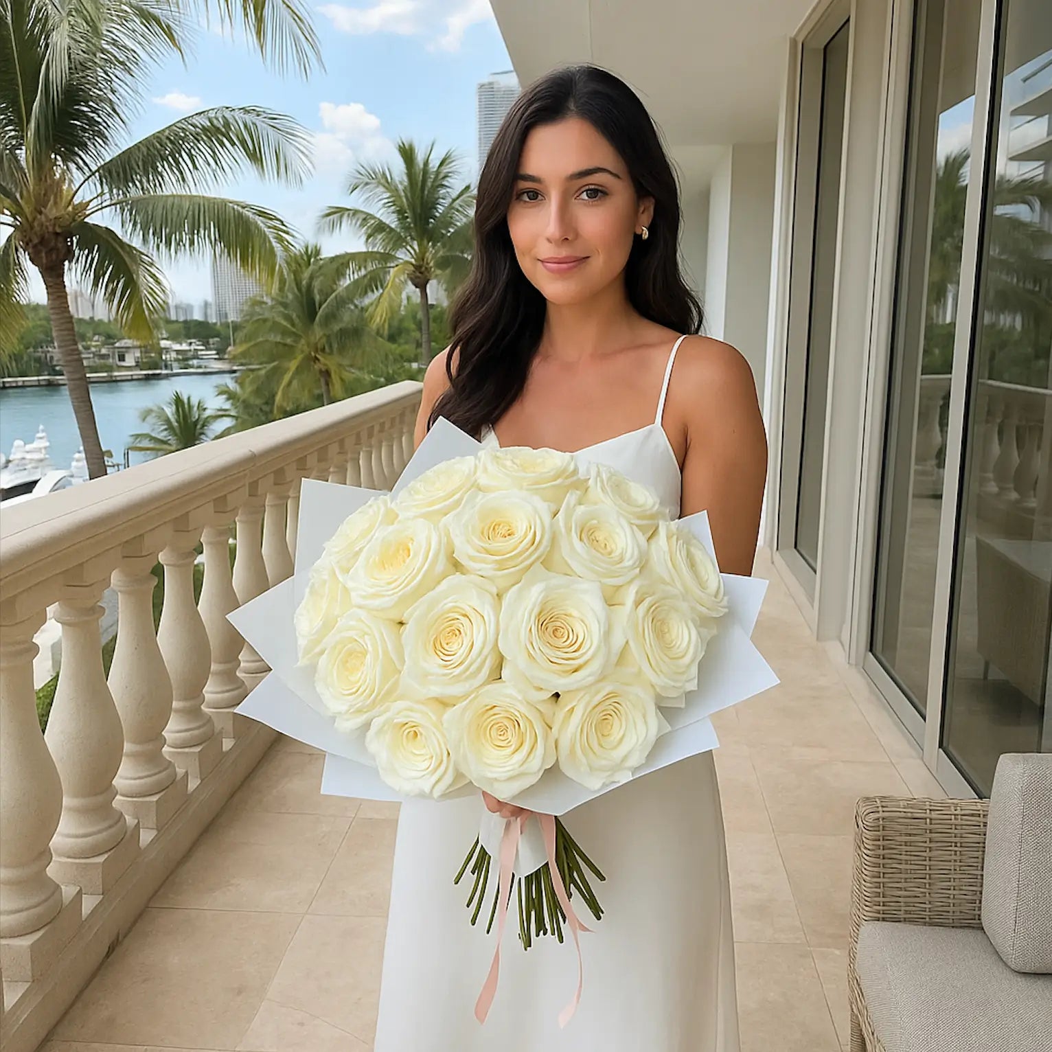 Long white bouquet of Ohara roses wrapped in paper with ribbon held by woman on elegant tropical balcony — luxury flower delivery Miami