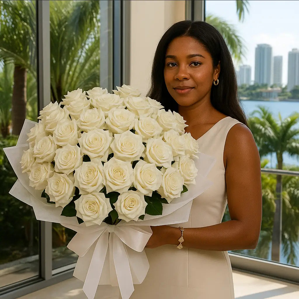 Oversized White Lace bouquet with double white roses and ribbon — luxury flower delivery Miami with tropical view