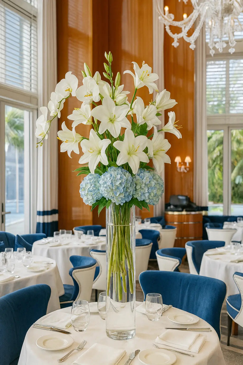 Luxury floral arrangement with white orchids, lilies, and blue hydrangeas in a tall glass vase at Cipriani Downtown Miami.