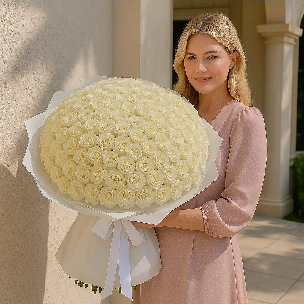 Elegant bouquet of 200 white roses in pure white wrap with ribbon — luxury flower delivery in Miami villa setting