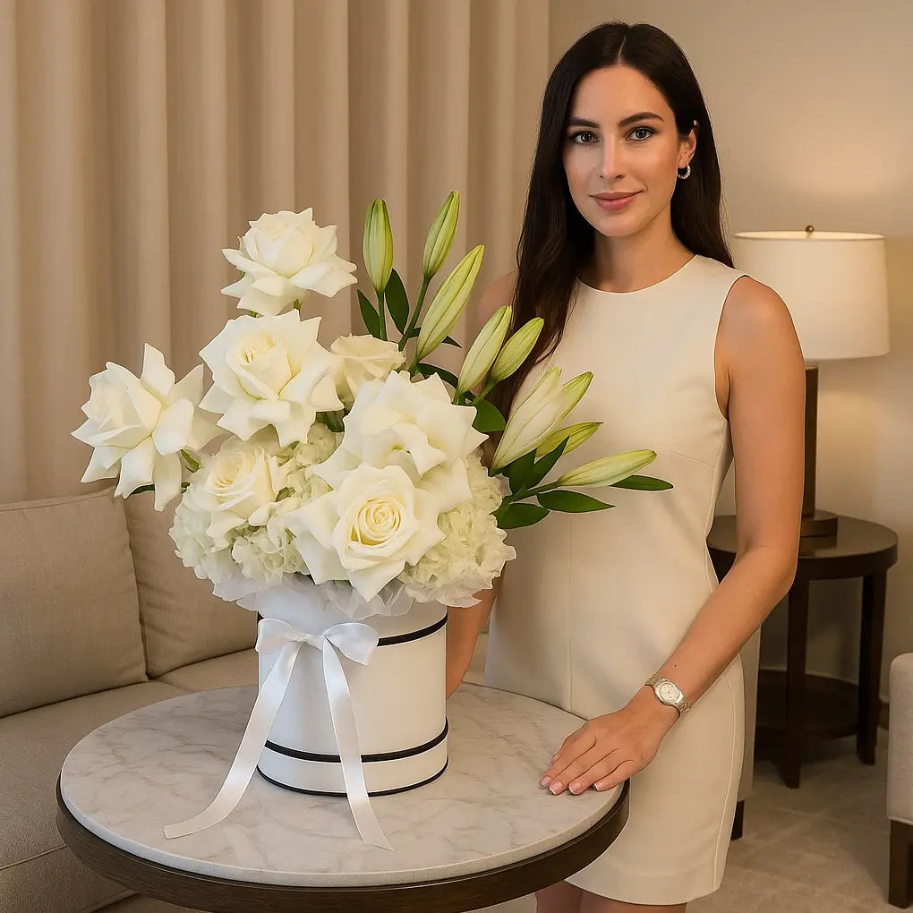 Elegant white box with roses, hydrangeas, and lilies in a luxury suite — romantic flower delivery Miami