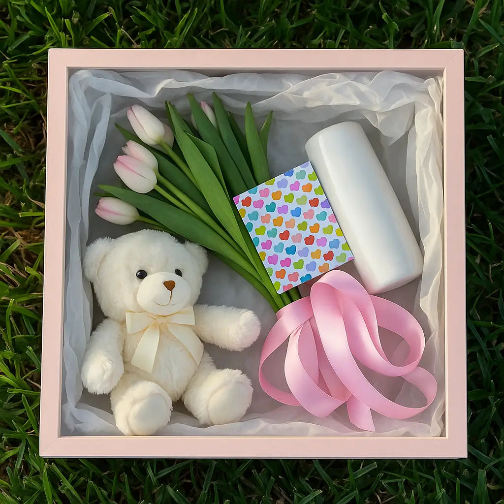 Elegant gift box with tulips in vase, white teddy and satin ribbon — perfect romantic surprise without any text or branding