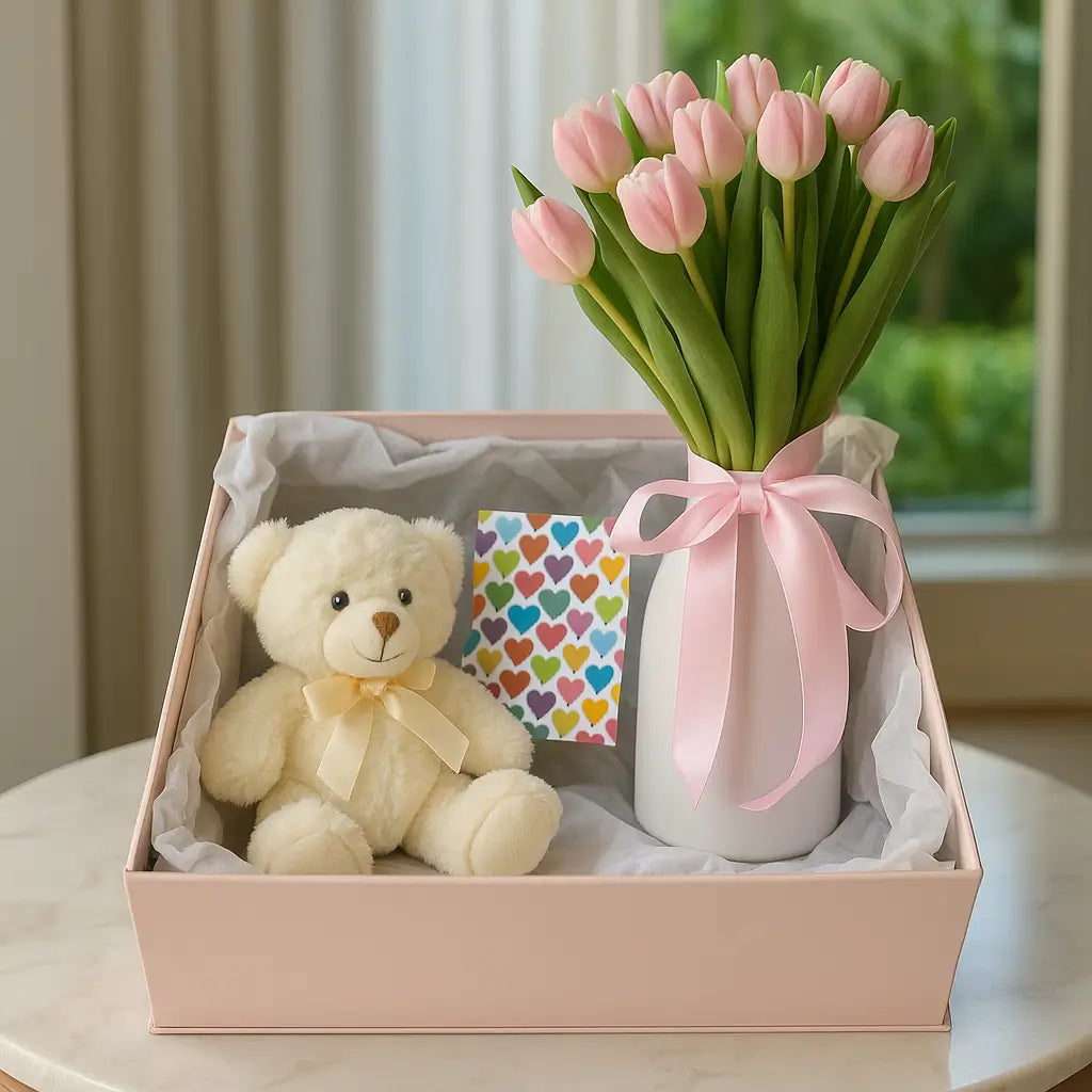 Romantic gift box with white teddy bear and tulips in a vase tied with pink ribbon — luxury flower set for surprise moments