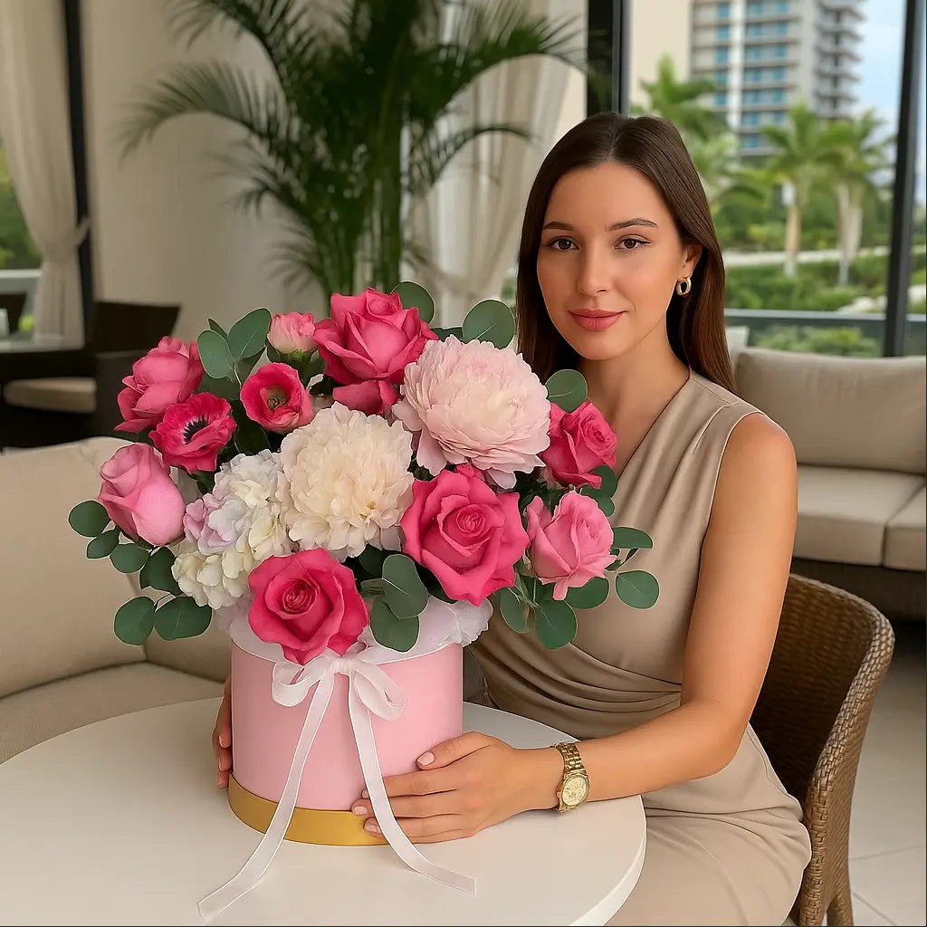Pink and white peonies, roses, and hydrangeas in a designer hatbox held by woman in a tropical lounge — flower delivery Miami